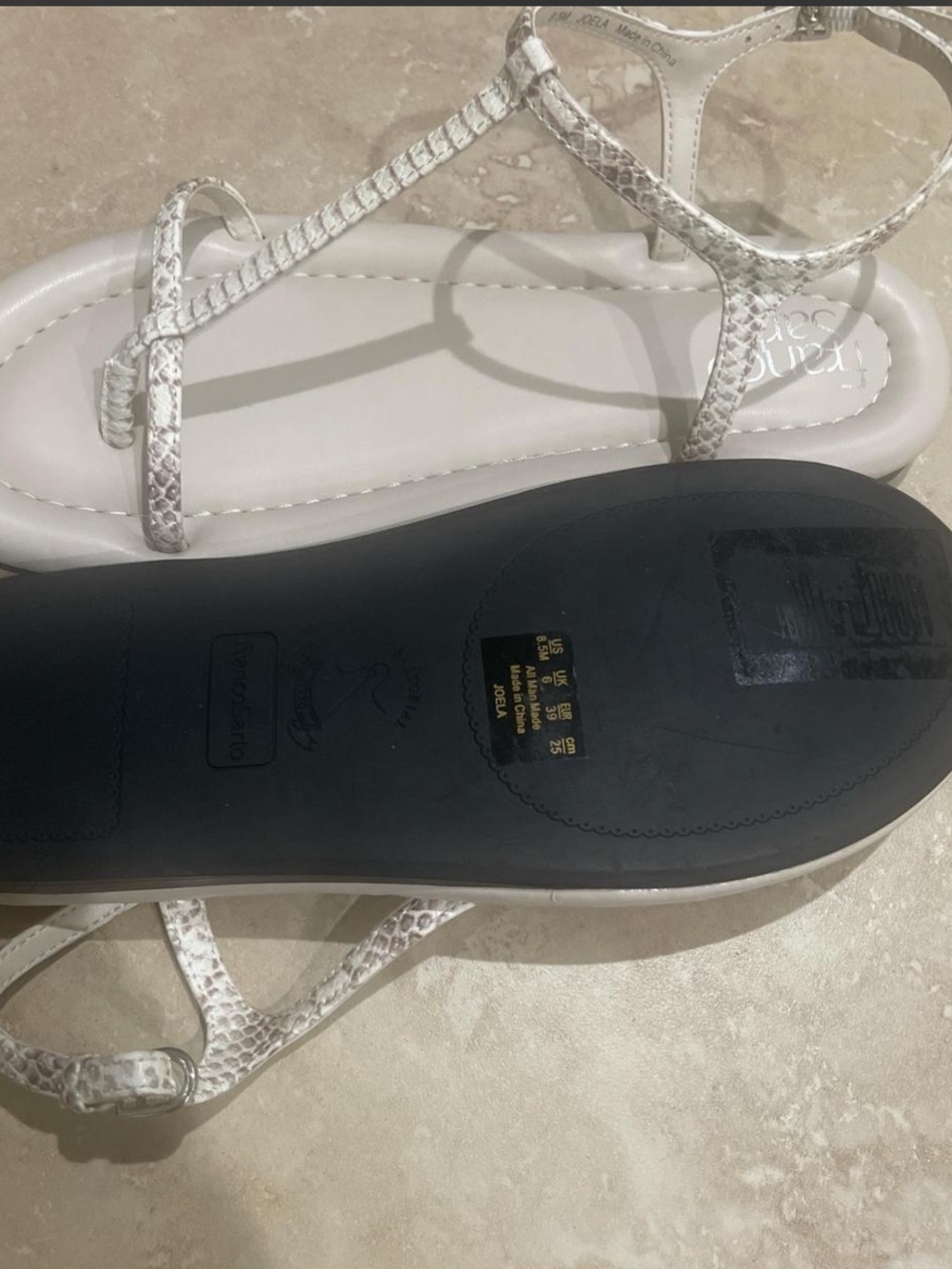 Franco Sarto White Snake-Print T-Strap Sandals